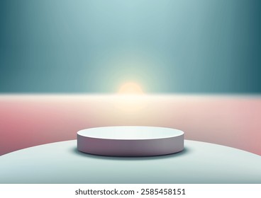 minimalist 3d white cylindrical podium centered on a gradient backdrop from light blue to soft pink, glowing sunbeam and clean, modern design, product display or mockup scenes