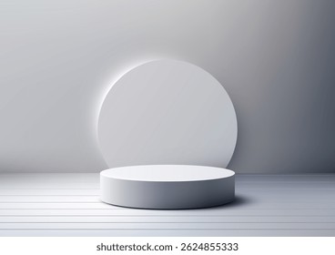 minimalist 3d white cylindrical podium mockup on a soft grey gradient background, product display, branding, or digital showcase. clean with neutral space for text or design, modern presentations