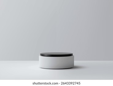 Minimalist 3d white cylindrical podium with a black top, isolated on a light gray background. product mockups, modern presentations, or sleek advertising displays in a clean studio setting