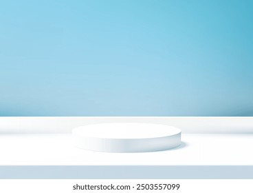 Minimalist 3D White Podium Against Serene Blue Wall for Product Display, Perfect for Clean and Modern Showroom or Showcase Mockup in a Calming Environment