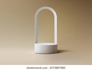 Minimalist 3D white podium with a base and a tall arched handle on a warm beige background. Product displays, mockups, and modern showcase concepts with a clean, elegant design