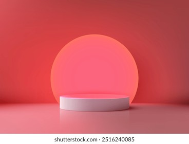 Minimalist 3D White Podium with Glowing Red Circle on Red Background, Vibrant Display for Product Mockup, Showroom, Showcase, Modern and Stylish Concept