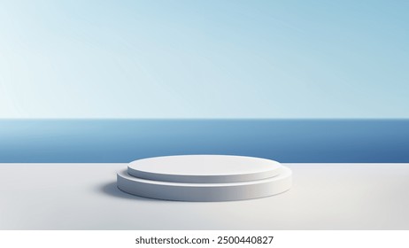 Minimalist 3D White Podium on White Surface with Serene Blue Ocean and Bright Sky Background for Product Display and Mockup