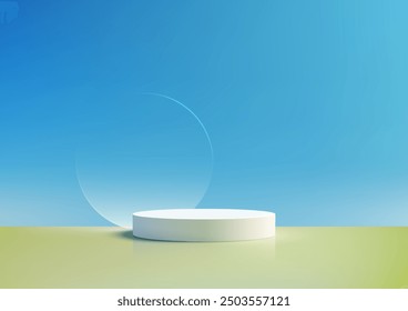 Minimalist 3D White Podium on Green Surface Against Vibrant Blue Sky Background, Perfect for Nature Inspired Product Display, Mockup, and Showcase