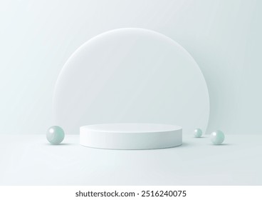 Cena de pódio branco 3D minimalista com esferas azuis claras, plataforma cilíndrica elegante e pano de fundo circular para exibição de produtos, maquete e apresentação moderna