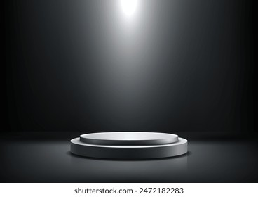 Minimalist 3D White Podium with Spotlight on a Black background for Product Mockup and Showroom Display