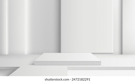 Minimalist 3D White Podium Stage with Geometric Wall for Product Display