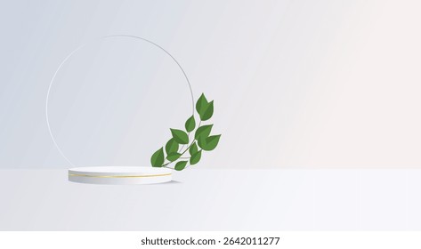 Minimalist 3D white round podium and some green leaves with soft background and circular element for displaying products, models