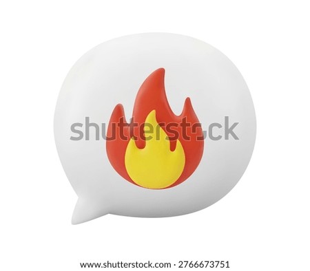Minimalist 3D white speech bubble with a red flame icon, isolated on a white background. Realistic glossy render for hot topics, trending news, viral content notifications, and burning offers. High-quality 3D digital communication element for web and mobile apps.