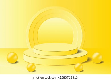 Minimalist 3D yellow podium with decorative ball elements and circular background. Elegant design for product presentation, branding or promotion.