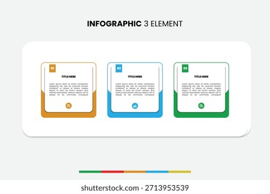 Minimalistisches 3-Elemente-Infografik-Design für Workflow, Schritte oder Funktionen. Farbschema Orange, Blau und Grün
