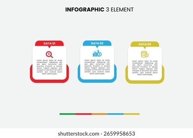Minimalist 3-element infographic template with distinct colored data boxes and financial icons. Ideal for business presentations and reports