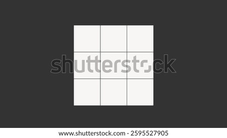 A minimalist 3x3 grid on a dark background. The grid features nine equal squares. Simple grid design, perfect for layouts or pattern templates. Background vector.