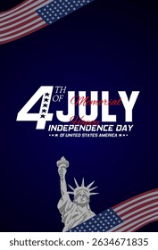 Minimalist 4th of July poster with waving US flags and Statue of Liberty. Perfect for Independence Day celebration and patriotic events.