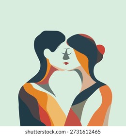 Minimalist abstract 2d vector illustration of a modern art of a romantic couple embracing