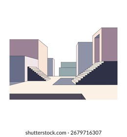 Una escena arquitectónica minimalista y abstracta representada en colores pastel apagados. Las Formas geométricas forman edificios y estructuras con escaleras visibles que conducen hacia arriba y hacia abajo.  