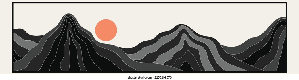 Minimalist abstract art landscape mountain with sunrise or sunset by line art texture on dark grey black. Minimal luxury style for wallpaper, banner, wall art decoration.