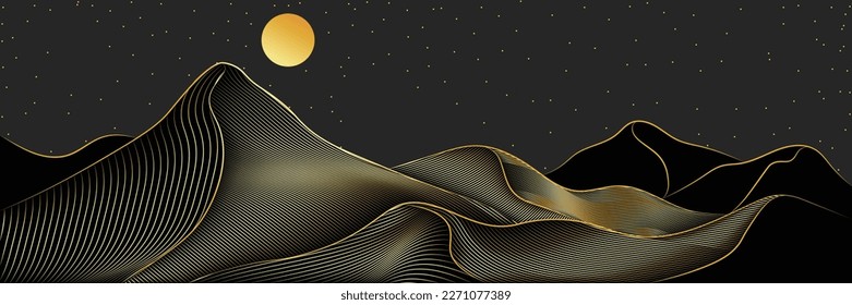 Montaña de paisaje artístico abstracto minimalista con puesta de sol por textura de arte lineal aislada en fondo negro gris oscuro. Estilo minimalista de lujo para tapicería, banner, decoración de arte mural