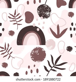 Motif abstrait minimaliste harmonieux d'art abstrait avec arcs-en-ciel, éléments botaniques et textures de brosse isolés sur fond blanc. Illustration vectorielle dessinée à la main dans le style boho.