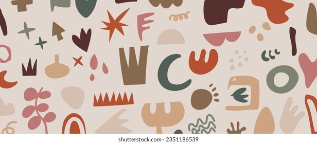 Minimalist abstract art shapes background vector. Set of doodle elements, hand drawn organic shape, leaves, coral, vase. Minimal style element with earth tone for decoration, ads, print, branding.