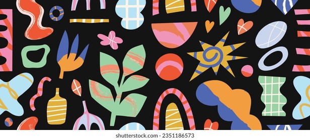 Minimalist abstract art shapes seamless background vector. Set of doodle elements, hand drawn organic shape, leaf, branch. Minimal style element with earth tone for decoration, ads, print, branding.