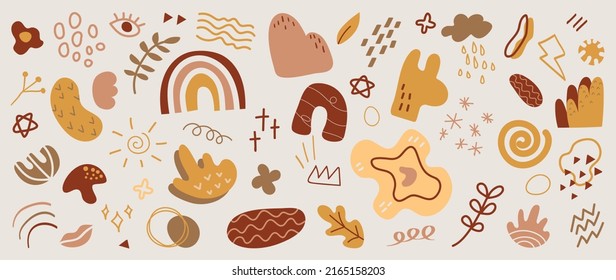 Minimalist abstract art shapes vector collection. Set of doodle elements, hand drawn organic shape, leaf, branches. Minimal style element with earth tone color for decoration, ads, prints, branding.