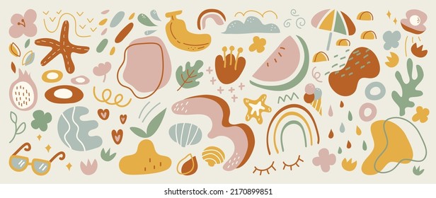 Minimalistische abstrakte Kunst formt Vektorgrafik. Set von doodlen Elementen, handgezeichnet organische Form, Blatt, Äste. Minimales Stilelement mit Erdtonfarbe für Dekoration, Werbung, Drucke, Branding.