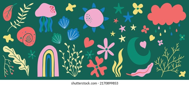 Minimalist abstract art shapes vector collection. Set of doodle elements, hand drawn organic shape, leaf, branches. Minimal style element with earth tone color for decoration, ads, prints, branding.