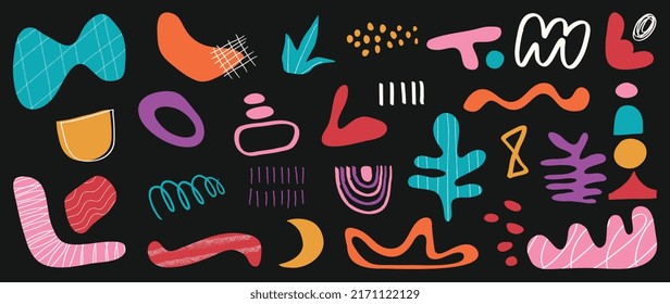 Minimalist abstract art shapes vector collection. Set of doodle elements, hand drawn organic shape, leaf, flowers. Minimal style element on dark background for decoration, ads, prints, branding.