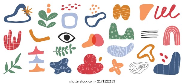 Minimalist abstract art shapes vector collection. Set of doodle elements, hand drawn organic shape, leaf, flowers. Minimal style element on white background for decoration, ads, prints, branding.