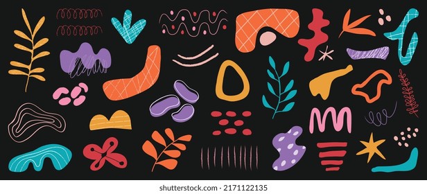 Minimalist abstract art shapes vector collection. Set of doodle elements, hand drawn organic shape, leaf, flowers. Minimal style element on dark background for decoration, ads, prints, branding.