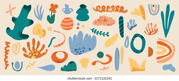 Colección vectorial de formas de arte abstracto minimalista. Conjunto de elementos de doodle, forma orgánica dibujada a mano, hoja, flores. Elemento de estilo minimalista con tono colorido para la decoración, anuncios, impresiones, marca.