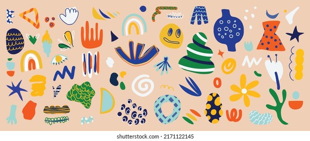 Minimalist abstract art shapes vector collection. Set of doodle elements, hand drawn organic shape, leaf, flowers. Minimal style element with colorful tone for decoration, ads, prints, branding.