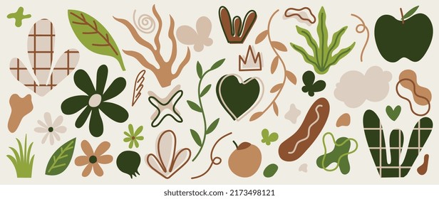 Minimalist abstract art shapes vector collection. Set of doodle elements, hand drawn organic shape, leaf, branches. Minimal style element with earth tone color for decoration, ads, prints, branding.