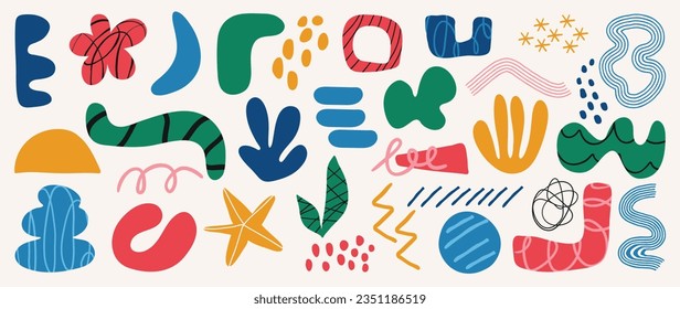 Colección vectorial de formas de arte abstracto minimalista. Conjunto de elementos de doodle, forma orgánica dibujada a mano, hoja, rama, coral. Elemento de estilo minimalista con tono de tierra para la decoración, anuncios, impresiones, marca.