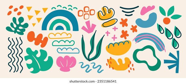 Minimalist abstract art shapes vector collection. Set of doodle elements, hand drawn organic shape, leaves, coral, flower. Minimal style element with earth tone for decoration, ads, print, branding.