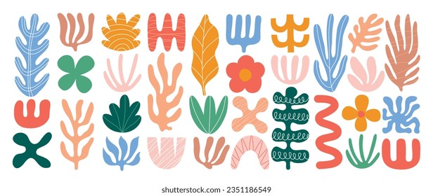 Colección vectorial de formas de arte abstracto minimalista. Conjunto de elementos de doodle, forma orgánica dibujada a mano, hoja, rama, coral. Elemento de estilo minimalista con tono de tierra para la decoración, anuncios, impresiones, marca.