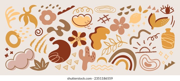 Minimalist abstract art shapes vector collection. Set of doodle elements, hand drawn organic shape, leaves, coral, moon. Minimal style element with earth tone for decoration, ads, prints, branding.