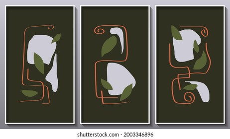 minimalist abstract art triptych. freeform gray, green leaves and swirling orange thin stripes on a black background. three images in white frames. vector 