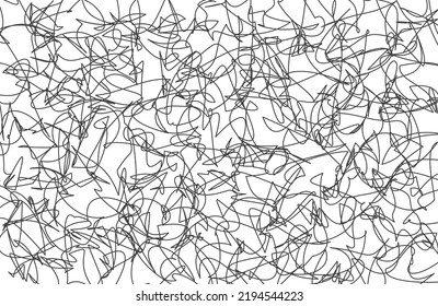 Minimalist abstract artwork of black pencil scribbles. Irregular pen strokes on paper or white background. Describes expressions of confusion, anger, or feelings of stress. For textures or wallpaper.