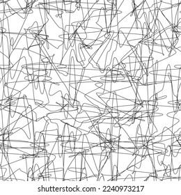 Minimalist abstract artwork of black pencil scribbles. Irregular pen strokes on paper or white background. Describes expressions of confusion, anger, or feelings of stress. For textures or wallpaper.