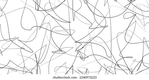 Minimalist abstract artwork of black pencil scribbles. Irregular pen strokes on paper or white background. Describes expressions of confusion, anger, or feelings of stress. For textures or wallpaper.