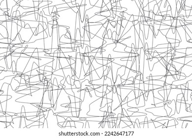 Minimalist abstract artwork of black pencil scribbles. Irregular pen strokes on paper or white background. Describes expressions of confusion, anger, or feelings of stress. For textures or wallpaper.
