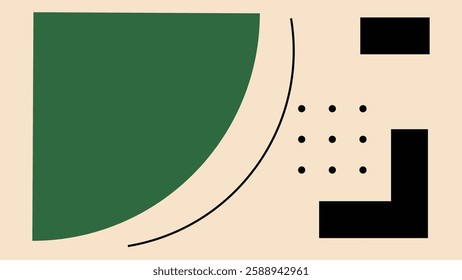 Minimalist abstract artwork with a large green semicircle, black elements, and dotted details on a beige background. A balanced geometric design suitable for creative backgrounds and digital projects.