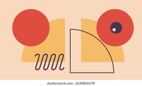 Minimalist abstract artwork with red circles, curved yellow elements, and fluid lines over a soft background, creating a dynamic and modern composition.