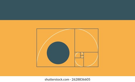 Minimalist abstract artwork showcasing golden ratio curves and circles with clean structured lines on a vibrant yellow and dark blue background.