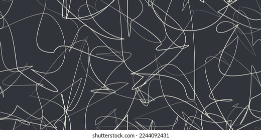 Obra abstracta minimalista de garabatos de tiza blanca. Golpes de lápiz irregulares a bordo o fondo negro. Describe expresiones de confusión, ira o sentimientos de estrés. Para texturas o papel tapiz.