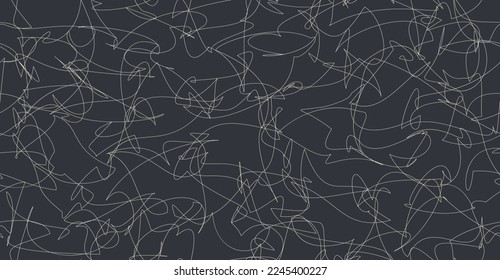 Minimalist abstract artwork of white chalk scribbles. Irregular pen strokes on board or black background. Describes expressions of confusion, anger, or feelings of stress. For textures or wallpaper.