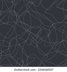 Obra abstracta minimalista de garabatos de tiza blanca. Golpes de lápiz irregulares a bordo o fondo negro. Describe expresiones de confusión, ira o sentimientos de estrés. Para texturas o papel tapiz.