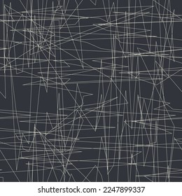 Obra abstracta minimalista de garabatos de tiza blanca. Golpes de lápiz irregulares a bordo o fondo negro. Describe expresiones de confusión, ira o sentimientos de estrés. Para texturas o papel tapiz.